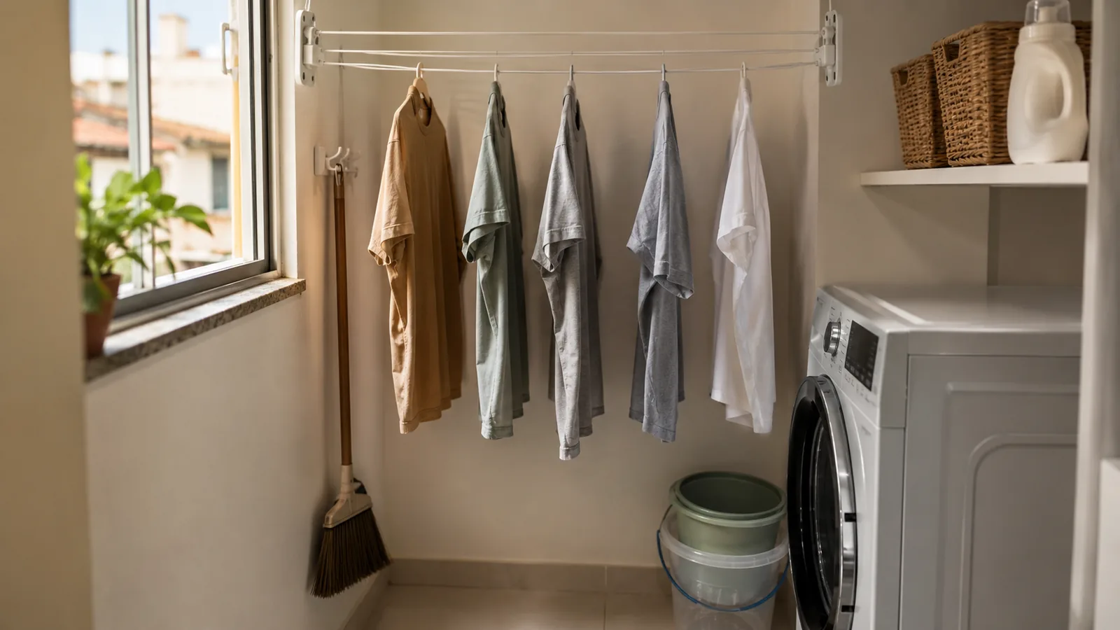 Área de serviço estreita de apartamento com máquina de lavar, varal retrátil na parede, balde e produtos de limpeza em cesto sobre prateleira