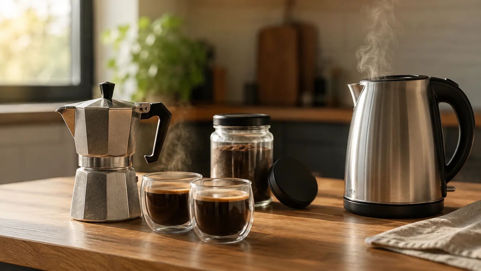 Cafeteira italiana sobre a bancada ao lado de duas xícaras de vidro cheias, pote de café fechado e balança pequena com grãos