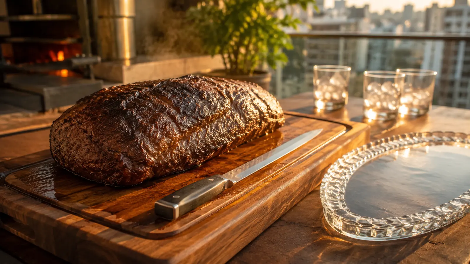 Tábua de madeira com peça de carne descansando e faca comprida ao lado, travessa de vidro e copos com gelo ao fundo na varanda