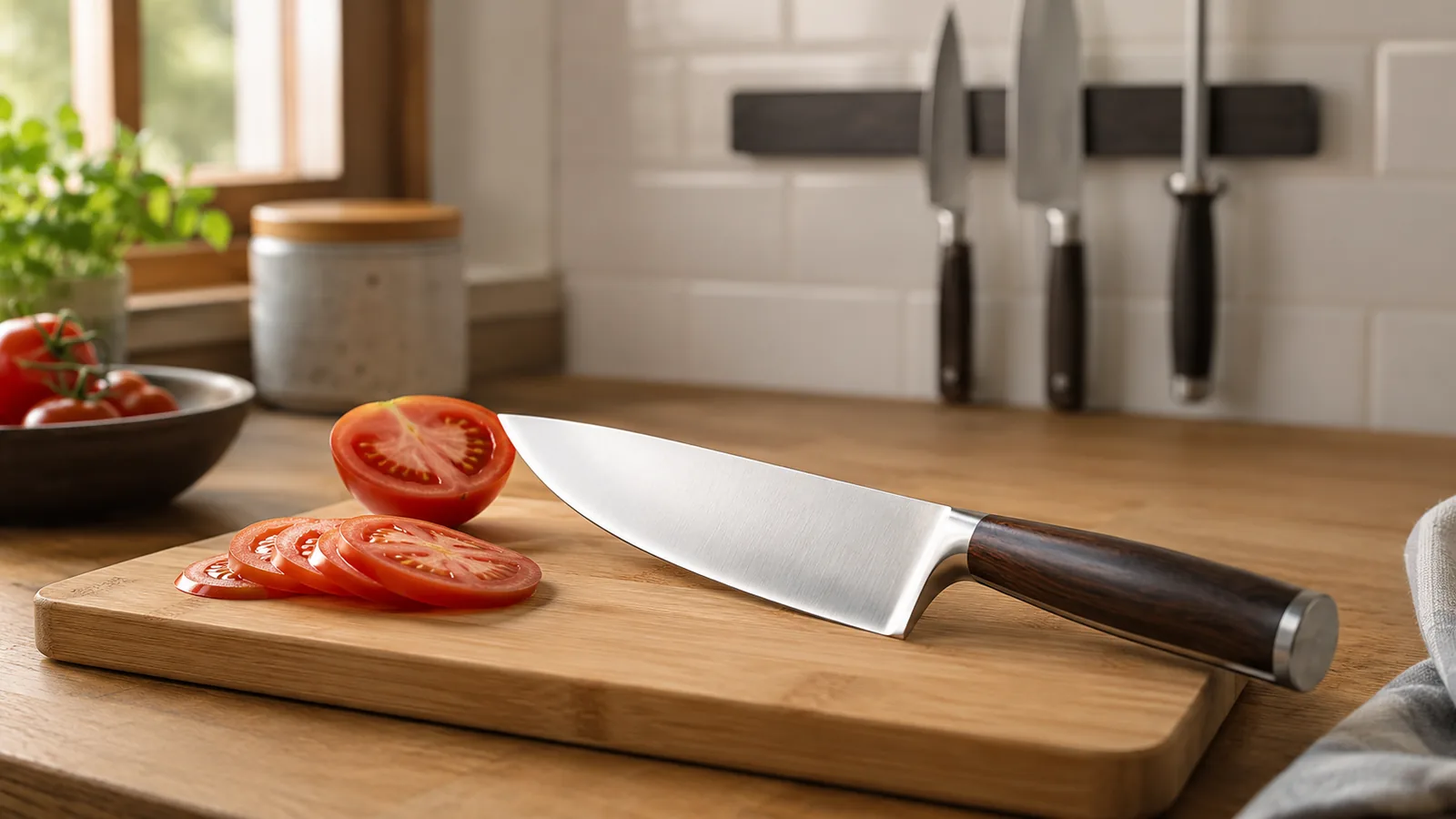 Faca de chef sobre tábua de bambu ao lado de tomate fatiado, com barra magnética na parede segurando outras facas