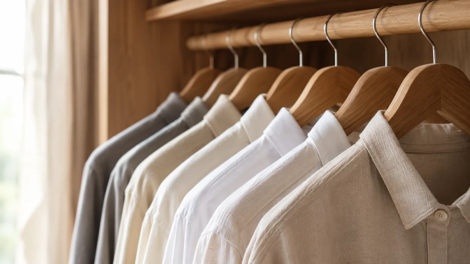 Guarda-roupa aberto com peças penduradas em cabides iguais, caixas transparentes na prateleira alta e uma colmeia de divisórias na gaveta aberta
